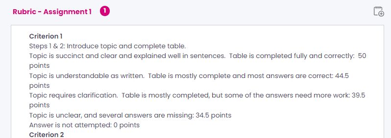 Criterion 1 Steps 1 & 2: Introduce topic and complete table.Topic is succinct and clear and explained well in sentences.  Table is completed fully and correctly:  50 pointsTopic is understandable as written.  Table is mostly complete and most answers are correct: 44.5 pointsTopic requires clarification.  Table is mostly completed, but some of the answers need more work: 39.5 pointsTopic is unclear, and several answers are missing: 34.5 points Answer is not attempted: 0 pointsCriterion 2